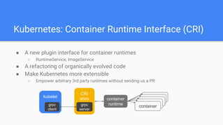 Kubernetes: Container Runtime Interface (CRI)
● A new plugin interface for container runtimes
○ RuntimeService, ImageServi...