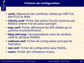 Fichiers de configuration


      ●   certs: Répertoire des certificats utilisés par EAP-TLS,
          EAP-TTLS et PEAP.
      ●   clients.conf: Fichier des points d'accès reconnus par
          RADIUS (même mot de passe partagé).
      ●   eap.conf: Fichier définissant les EAP utilisés par le
          système d'authentification.
      ●   ldap.attrmap: Correspondance entre les attributs
          LDAP et attributs RADIUS.
      ●   radiusd.conf: Fichier de configuration principal de
          freeradius.
      ●   sql.conf: Fichier de configuration pour MySQL.
      ●   users: Fichier des utilisateurs locaux.


Centre de Ressources Informatiques - IUT Le Creusot   Jérôme LANDRE - CRI-IUT 2005   19
 