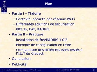 Plan


         ●   Partie I – Théorie
               –   Contexte: sécurité des réseaux Wi-Fi
               –   Différentes solutions de sécurisation
               –   802.1x, EAP, RADIUS
         ●   Partie II – Pratique
               –   Installation de freeRADIUS 1.0.2
               –   Exemple de configuration en LEAP
               –   Comparaison des différents EAPs testés à
                   l'I.U.T du Creusot
         ●   Conclusion
         ●   Publicité
Centre de Ressources Informatiques - IUT Le Creusot          Jérôme LANDRE - CRI-IUT 2005   2
 