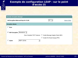 Exemple de configuration LEAP - sur le point
                              d'accès (I)




Centre de Ressources Informatiques - IUT Le Creusot   Jérôme LANDRE - CRI-IUT 2005   23
 