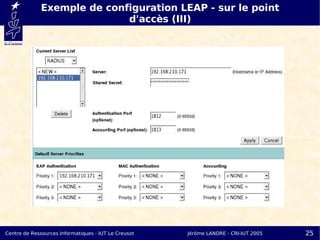 Exemple de configuration LEAP - sur le point
                             d'accès (III)




Centre de Ressources Informatiques - IUT Le Creusot   Jérôme LANDRE - CRI-IUT 2005   25
 