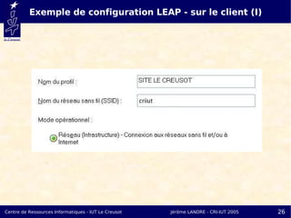 Exemple de configuration LEAP - sur le client (I)




Centre de Ressources Informatiques - IUT Le Creusot   Jérôme LANDRE - CRI-IUT 2005   26
 