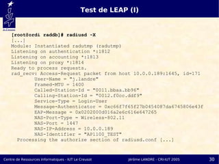 Test de LEAP (I)


    [root@ordi raddb]# radiusd -X
    [...]
    Module: Instantiated radutmp (radutmp)
    Listening on authentication *:1812
    Listening on accounting *:1813
    Listening on proxy *:1814
    Ready to process requests.
    rad_recv: Access-Request packet from host 10.0.0.189:1645, id=171
            User-Name = "j.landre"
            Framed-MTU = 1400
            Called-Station-Id = "0011.bbaa.bb96"
            Calling-Station-Id = "0012.f0cc.ddf9"
            Service-Type = Login-User
            Message-Authenticator = 0xc66f7f65f27b0454087da6745806e43f
            EAP-Message = 0x0202000d016a2e6c616e647265
            NAS-Port-Type = Wireless-802.11
            NAS-Port = 1447
            NAS-IP-Address = 10.0.0.189
            NAS-Identifier = "AP1100_TEST"
      Processing the authorize section of radiusd.conf [...]


Centre de Ressources Informatiques - IUT Le Creusot      Jérôme LANDRE - CRI-IUT 2005   30
 