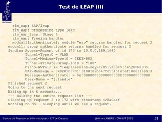 Test de LEAP (II)


      rlm_eap: EAP/leap
      rlm_eap: processing type leap
      rlm_eap_leap: Stage 6
      rlm_eap: Freeing handler
      modcall[authenticate]: module "eap" returns handled for request 2
    modcall: group authenticate returns handled for request 2
    Sending Access-Accept of id 173 to 10.0.0.189:1645
            Tunnel-Type:0 = VLAN
            Tunnel-Medium-Type:0 = IEEE-802
            Tunnel-Private-Group-Id:0 = "100"
            Cisco-AVPair += "leap:session-key=205i200r354200M035
            EAP-Message = 0x02050028110100189b847f655451abef106021ab919
            Message-Authenticator = 0x00000000000000000000000000000000
            User-Name = "j.landre"
    Finished request 2
    Going to the next request
    Waking up in 6 seconds...
    --- Walking the entire request list ---
    Cleaning up request 2 ID 172 with timestamp 428a0eaf
    Nothing to do. Sleeping until we see a request.


Centre de Ressources Informatiques - IUT Le Creusot     Jérôme LANDRE - CRI-IUT 2005   31
 
