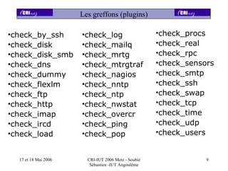Les greffons (plugins)

•check_by_ssh         •check_log                     •check_procs
•check_disk           •check_mailq                   •check_real
•check_disk_smb       •check_mrtg                    •check_rpc
•check_dns            •check_mtrgtraf                •check_sensors
•check_dummy          •check_nagios                  •check_smtp
•check_flexlm         •check_nntp                    •check_ssh
•check_ftp            •check_ntp                     •check_swap
•check_http           •check_nwstat                  •check_tcp
•check_imap           •check_overcr                  •check_time
•check_ircd           •check_ping                    •check_udp
•check_load           •check_pop                     •check_users


  17 et 18 Mai 2006     CRI-IUT 2006 Metz - Soubie               9
                         Sébastien -IUT Angoulême
 