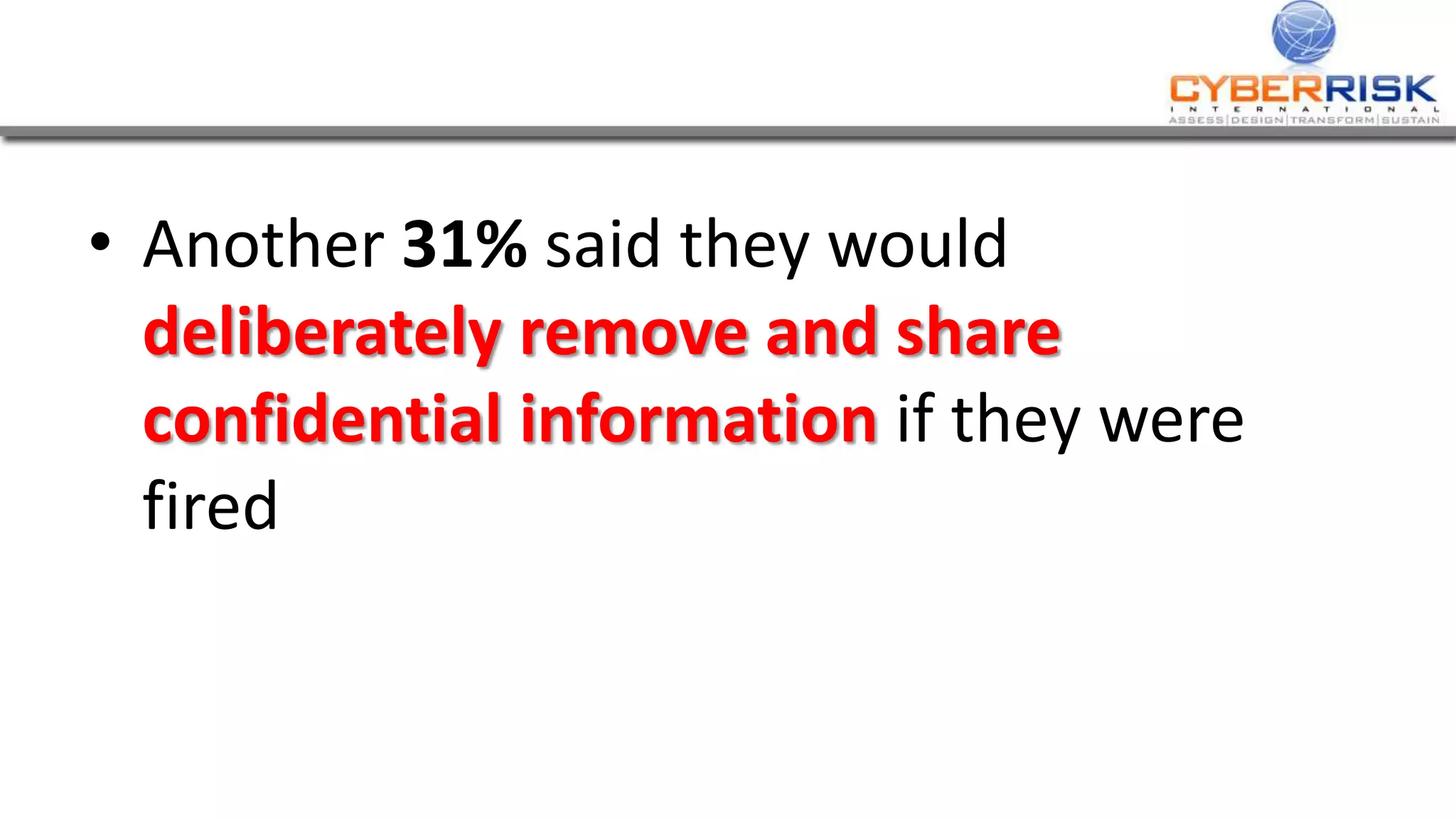 • Another 31% said they would
deliberately remove and share
confidential information if they were
fired
 