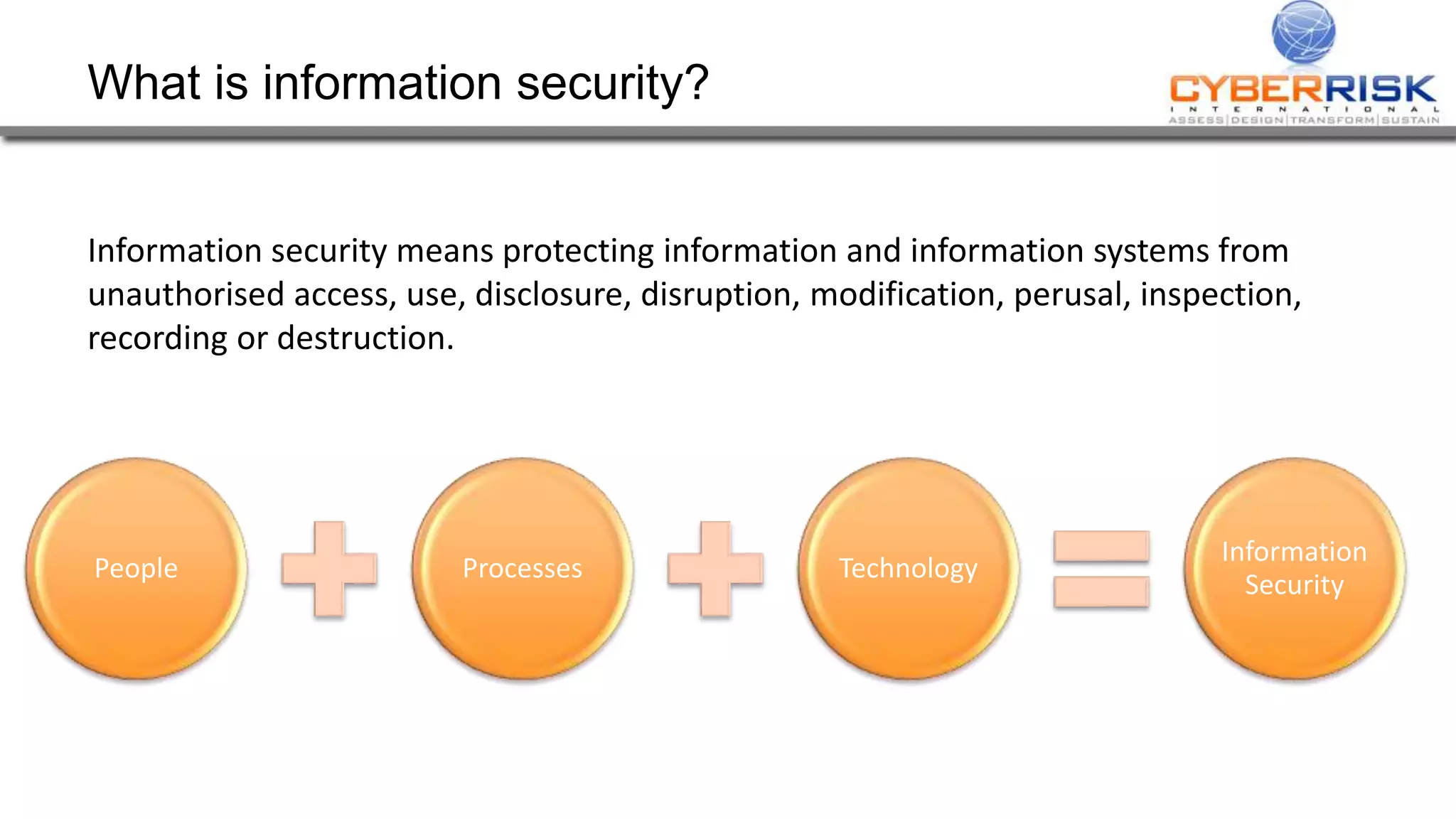 What is information security?
Information security means protecting information and information systems from
unauthorised access, use, disclosure, disruption, modification, perusal, inspection,
recording or destruction.
People Processes Technology
Information
Security
 