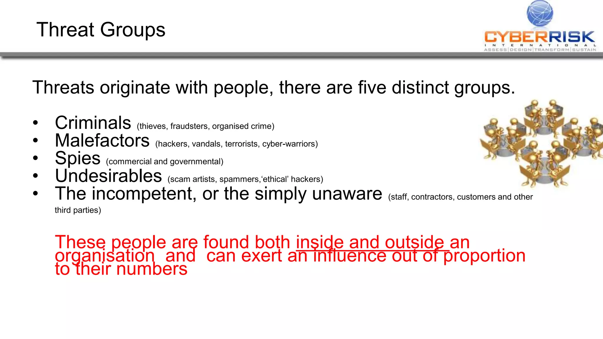 Threat Groups
Threats originate with people, there are five distinct groups.
• Criminals (thieves, fraudsters, organised crime)
• Malefactors (hackers, vandals, terrorists, cyber-warriors)
• Spies (commercial and governmental)
• Undesirables (scam artists, spammers,‘ethical’ hackers)
• The incompetent, or the simply unaware (staff, contractors, customers and other
third parties)
These people are found both inside and outside an
organisation and can exert an influence out of proportion
to their numbers
 