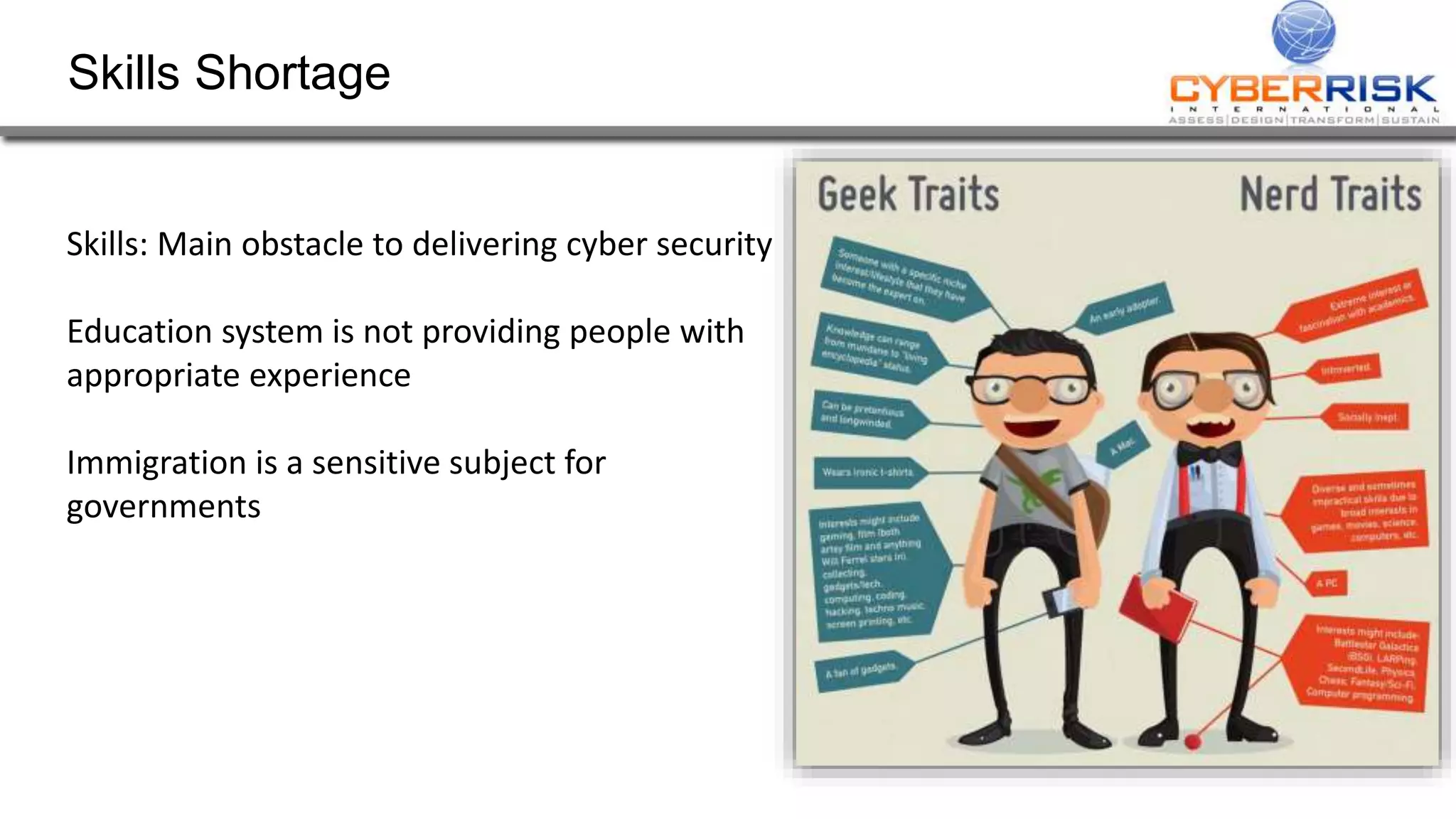 Skills Shortage
Skills: Main obstacle to delivering cyber security
Education system is not providing people with
appropriate experience
Immigration is a sensitive subject for
governments
 