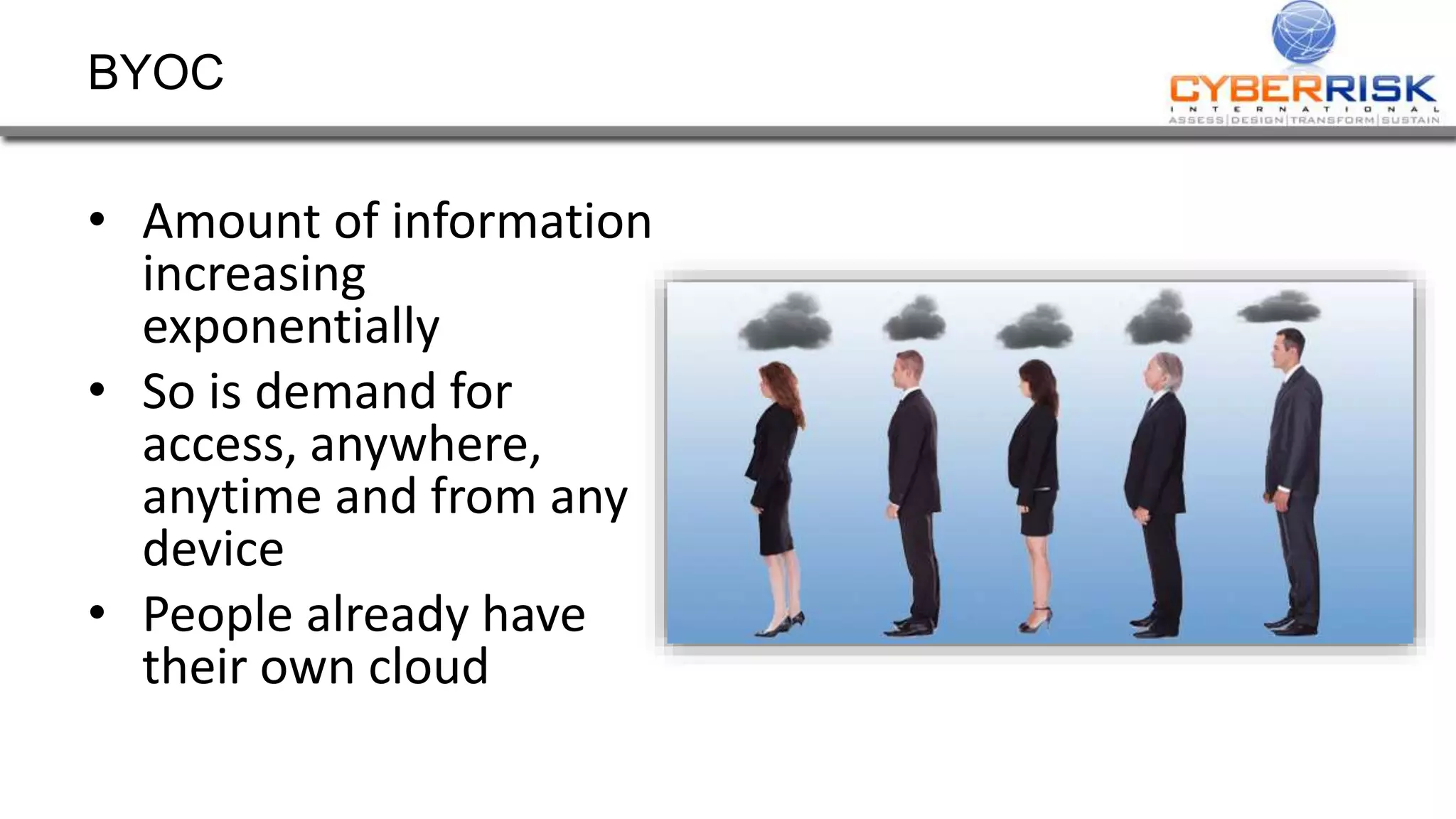BYOC
• Amount of information
increasing
exponentially
• So is demand for
access, anywhere,
anytime and from any
device
• People already have
their own cloud
 