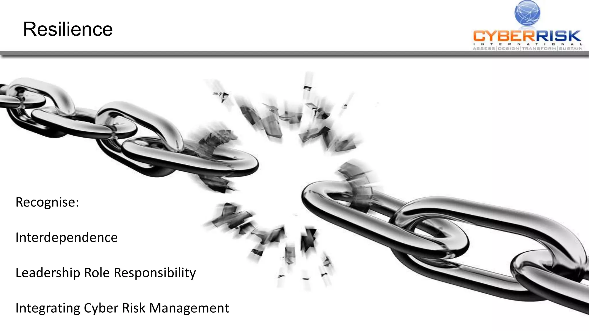 Resilience
47
Recognise:
Interdependence
Leadership Role Responsibility
Integrating Cyber Risk Management
 