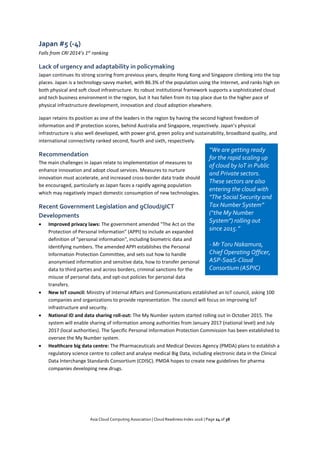 Asia Cloud Computing Association | Cloud Readiness Index 2016 | Page 24 of 38
Japan #5 (-4)
Falls from CRI 2014’s 1st
ranking
Lack of urgency and adaptability in policymaking
Japan continues its strong scoring from previous years, despite Hong Kong and Singapore climbing into the top
places. Japan is a technology-savvy market, with 86.3% of the population using the Internet, and ranks high on
both physical and soft cloud infrastructure. Its robust institutional framework supports a sophisticated cloud
and tech business environment in the region, but it has fallen from its top place due to the higher pace of
physical infrastructure development, innovation and cloud adoption elsewhere.
Japan retains its position as one of the leaders in the region by having the second highest freedom of
information and IP protection scores, behind Australia and Singapore, respectively. Japan’s physical
infrastructure is also well developed, with power grid, green policy and sustainability, broadband quality, and
international connectivity ranked second, fourth and sixth, respectively.
Recommendation
The main challenges in Japan relate to implementation of measures to
enhance innovation and adopt cloud services. Measures to nurture
innovation must accelerate, and increased cross-border data trade should
be encouraged, particularly as Japan faces a rapidly ageing population
which may negatively impact domestic consumption of new technologies.
Recent Government Legislation and gCloud/gICT
Developments
 Improved privacy laws: The government amended "The Act on the
Protection of Personal Information” (APPI) to include an expanded
definition of "personal information", including biometric data and
identifying numbers. The amended APPI establishes the Personal
Information Protection Committee, and sets out how to handle
anonymised information and sensitive data, how to transfer personal
data to third parties and across borders, criminal sanctions for the
misuse of personal data, and opt-out policies for personal data
transfers.
 New IoT council: Ministry of Internal Affairs and Communications established an IoT council, asking 100
companies and organizations to provide representation. The council will focus on improving IoT
infrastructure and security.
 National ID and data sharing roll-out: The My Number system started rolling out in October 2015. The
system will enable sharing of information among authorities from January 2017 (national level) and July
2017 (local authorities). The Specific Personal Information Protection Commission has been established to
oversee the My Number system.
 Healthcare big data centre: The Pharmaceuticals and Medical Devices Agency (PMDA) plans to establish a
regulatory science centre to collect and analyse medical Big Data, including electronic data in the Clinical
Data Interchange Standards Consortium (CDISC). PMDA hopes to create new guidelines for pharma
companies developing new drugs.
“We are getting ready
for the rapid scaling up
of cloud by IoT in Public
and Private sectors.
These sectors are also
entering the cloud with
“The Social Security and
Tax Number System”
(“the My Number
System”) rolling out
since 2015.”
- Mr Toru Nakamura,
Chief Operating Officer,
ASP-SaaS-Cloud
Consortium (ASPIC)
Japan
 