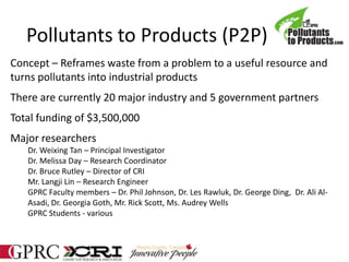 Pollutants to Products (P2P)
Concept – Reframes waste from a problem to a useful resource and
turns pollutants into industrial products
There are currently 20 major industry and 5 government partners
Total funding of $3,500,000
Major researchers
Dr. Weixing Tan – Principal Investigator
Dr. Melissa Day – Research Coordinator
Dr. Bruce Rutley – Director of CRI
Mr. Langji Lin – Research Engineer
GPRC Faculty members – Dr. Phil Johnson, Dr. Les Rawluk, Dr. George Ding, Dr. Ali Al-
Asadi, Dr. Georgia Goth, Mr. Rick Scott, Ms. Audrey Wells
GPRC Students - various
 