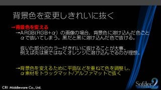 背景色を変更しきれいに抜く
→背景色を変える
→ARGB(RGB+α）の画像の場合、背景色に溶け込んだ色ごと
αで抜いてしまう。黒だと黒に溶け込んだ色で抜ける。
抜いた部分のカラーがきれいに抜けることが大事。
例えば炎は黒ではなくオレンジに溶け込んでるのが理想。
→背景色を変えるために平面などを重ねて色を調整し、
α素材をトラックマット/アルファマットで抜く
 