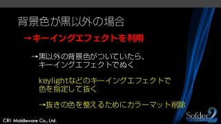 背景色が黒以外の場合
→キーイングエフェクトを利用
→黒以外の背景色がついていたら、
キーイングエフェクトでぬく
keylightなどのキーイングエフェクトで
色を指定して抜く
→抜きの色を整えるためにカラーマット削除
 