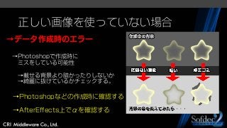 正しい画像を使っていない場合
→データ作成時のエラー
→Photoshopで作成時に
ミスをしている可能性
→載せる背景より暗かったりしないか
→綺麗に抜けているかチェックする。
→Photoshopなどの作成時に確認する
→AfterEffects上でαを確認する
 