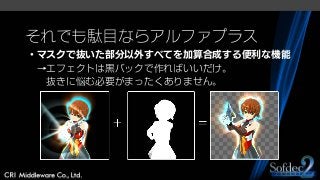 それでも駄目ならアルファプラス
・マスクで抜いた部分以外すべてを加算合成する便利な機能
→エフェクトは黒バックで作ればいいだけ。
抜きに悩む必要がまったくありません。
 