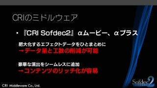 CRIのミドルウェア
・『CRI Sofdec2』αムービー、αプラス
肥大化するエフェクトデータをひとまとめに
→データ量と工数の削減が可能
豪華な演出をシームレスに追加
→コンテンツのリッチ化が容易
 