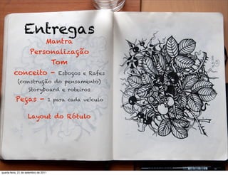 Entregas
                                   Mantra
                      Personalização
                                        Tom
         conceito -                       Esboços e Rafes
            (construção do pensamento)
                     Storyboard e roteiros
           Peças -                     1 para cada veículo


                     Layout do Rótulo




quarta-feira, 21 de setembro de 2011
 