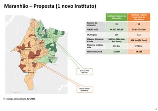 16
Maranhão – Proposta (1 novo Instituto)
Instituto Federal  do
Maranhão
Instituto Federal
Centro Sul do
Maranhão
Número de
Unidades
16 13
PIB (R$ mil) 46.927.283,00 29.914.745,00
Municípios 104 113
Máxima Distância
à Sede
545 Km (São João
dos Patos) 498 Km (Zé Doca)
Distância média a
sede 211 Km 279 Km
Matrículas 2019 21.886 14.623
Norte
Maranhense
Leste
Maranhense
Sul
Maranhense
Centro
Maranhense
Oeste
Maranhense
Reitoria IFMA
(São Luís)
Reitoria IF XXXX
(Imperatriz)
Colégio Universitário da UFMA
 