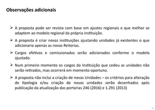 4
 A proposta pode ser revista com base em ajustes regionais e que melhor se
adaptem ao modelo regional da própria instituição.
 A proposta é criar novas instituições ajustando unidades já existentes o que
adicionaria apenas as novas Reitorias.
 Cargos efetivos e comissionados serão adicionados conforme o modelo
ajustado.
 Num primeiro momento os cargos da Instituição que cedeu as unidades não
serão retirados, mas ocorrerá em momento oportuno.
 A proposta não inclui a criação de novas Unidades – os critérios para alteração
de tipologia e/ou criação de novas unidades serão desenhados após
publicação da atualização das portarias 246 (2016) e 1.291 (2013)
Observações adicionais
 