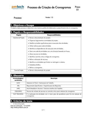 Processo de Criação de Cronogramas                                              Prazo
                                                                                                           01


     Processo                                             Versão: 1.0




1. Objetivos e Escopo
O objetivo deste processo é determinar uma maneira padrão de elaboração e preenchimento de um cronograma.


2. Papéis e Responsabilidades
         Papéis                                              Responsabilidades

    Gerente de Projeto     • Revisa a documentação do projeto;
                           • Organiza logicamente as atividades do projeto;
                           • Detalha as tarefas significativas para a execução das atividades;
                           • Atribui esforço para cada atividade;
                           • Identifica as dependências de execução entre atividades;
                           • Gera uma rede de atividades com uma duração baseada em horas;
                           • Aloca recursos às atividades;
                           • Identifica caminho crítico e folgas do cronograma;
                           • Refina a alocação de recursos;
                           • Identifica as atividades que limitam ou restringem o sistema;
                           • Estabelece Buffers;
                           • Refina o cronograma.

     Time de Projeto       • Revisa a documentação do projeto.



3. Glossário
   Terminologias/                                                Descrição
     acrônimos

         SOW             Statement of Work / Declaração de Trabalho

          SRS            Requirements Specification / Especificação dos Requisitos

         WBS             Work Breakdown Structure / Estrutura Analítica de Trabalho

      CRASHING           Técnica de inclusão de recursos no caminho crítico para redução de cronograma.

    FAST TRACKING        É a realização de atividades com o maior grau de paralelismo para fins de redução de
                         cronograma.



4. Critérios de Início
    • Início do projeto.
Data da publicação: 13/12/2005
http://www.pmtech.com.br
                                                   3/11
 