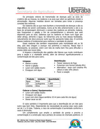 Apoio:
Secretaria de Agricultura
BR – 050 Km 164 – Próximo ao Posto Caxuxa (Borgico)
Telefones: (34) 3311-5252 - (34) 3311-5484 - (34) 9195-8525
8
Os principais vetores de transmissão de doenças para as aves do
criatório são as moscas, os roedores e as aves que vêem ao galinheiro dividir a
alimentação. Algumas medidas devem ser tomadas para evitar a presença
constate dos mesmos.
Os roedores são os que mais facilitam a transmissão de doenças e são os
mais difíceis de serem controlados. Como já foi dito anteriormente o silo e os
baús de armazenagem diminuem o acesso dos roedores ao alimento, todavia,
eles freqüentam o galpão a fim de compartilharem o alimento que está
disponível para as aves. Sabemos que os roedores se fixam num lugar por
obter abrigo, alimento e água. Se retirarmos uma ou mais dessas facilidades,
naturalmente ele deve procurar outro que lhe apresente todas elas. O controle
desses roedores é fundamental para melhorar a sanidade do plantel.
Esses roedores são também responsáveis pela mortalidade até os 36
dias, pois eles chegam a avançar nos pintinhos e mata-los. Nessa fase é
interessante, se possível, cobrir com tela de malha bem fina para dificultar o
acesso deles aos novos lotes.
A limpeza e desinfecção dos galpões são fatores que muito contribuem
para a saúde e a vitalidade animal, além de diminuir significativamente a
contaminação de lote para outro.
Limpeza:
• Retirar a cama
• Varrer o galpão
• Lavar com sabão neutro
• Enxaguar com água
Produto Unidade Quantidade
Água litros 24
Cal quilograma 1.800
creolina litros 0,120
Colocar a Cama/ Equipamentos
• Lavar com sabão neutro
• Enxaguar com água
• Lavar com cloro (água sanitária 10 ml para cada litro de água)
• Deixar secar ao sol.
O vazio sanitário é importante para que a desinfecção de um lote para
outro seja bem feita. Dependendo da necessidade da granja esse vazio pode
ser de 1 a 15 dias. Todavia, o risco de contaminação é aumentado conforme o
vazio é diminuído.
Um complemento que amplia a sanidade da granja e previne a
contaminação é a construção na(s) porta(s) de acesso do chamado pedilúvio. O
Desinfecção:
• Passar vassoura de fogo
• Pulverizar com formol (diluído 8%)
• Alternativa - lavar com creolina 4%
(diluir) e iodo 10% (diluir)
• Fazer a caiação
 