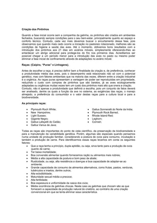 Criação dos Pintinhos
Quando a fase inicial ocorre sem a companhia da galinha, os pintinhos são criados em ambientes
fechados, buscando sempre condições para o seu bem-estar, principalmente quanto ao espaço e
conforto técnico. Contudo, cada vez mais devemos buscar o encurtamento dessa fase, pois
observamos que quando mais cedo ocorre a iniciação no pastoreio rotacionado, melhores são as
condições de higiene e saúde das aves. Até o momento, obtivemos bons resultados com a
introdução dos pintinhos aos 21 dias em aviários móveis, simplesmente oferecendo-lhes ao
entardecer um abrigo adicional para protege-los do frio nos primeiros dias. Acreditamos ser
possível chegar a um período menor para a introdução das aves no pasto ou mesmo poder
eliminar a fase inicial de confinamento através de adaptações no aviário móvel.
Raças: (Caipira, “Puras” e Linhagens).
Antes de escolher a raça, é preciso definir bem a finalidade da criação e, de preferência, conhecer
a produtividade média das aves, pois o desempenho está relacionado não só com o potencial
genético, mas com fatores ambientais que na maioria das vezes, diferem entre a criação industrial
e a orgânica. As raças puras apresentam a vantagem de poder ser reproduzidas em propriedade,
reduzindo o custo com compras de pintinhos que são baratos, já as aves ecologicamente
adaptadas ou orgânicas muitas vezes tem um custo dos pintinhos mais alto que onera a criação.
Contudo, não é apenas a produtividade que definirá a escolha, pois um conjunto de fatos deverá
ser analisado, dentre os quais a função da ave no sistema, as exigências das raças, o manejo
almejado, a preferência do consumidor e o valor destas raças para a cultura local e para a
biodiversidade.
As principais raças:
 Plymouth Roch White;
 New Hampshire;
 Light Sussex;
 Gigante Negro;
 Gallus Lafayetti do Ceilão;
 Gallus Varius de Java;
 Gallus Sonneratti do Norte da India;
 Plymouth Rock Barred;
 Rhode Island Red;
 Leghorn;
 Cornish;
Todas as raças são importantes do ponto de vista científico, da preservação da biodiversidade e
para a manutenção da variabilidade genética. Porém, algumas são especiais quando pensamos
numa unidade de produção familiar, considerando a postura de ovos para consumo, incubação e
também a produção de carne. Para identificarmos essas raças levamos em conta os seguintes
fatores:
 Que a raça tenha a princípio, dupla aptidão, ou seja, sirva tanto para a produção de ovos
quanto de carne;
 Ter baixa mortalidade;
 Boa conversão alimentar quando fornecemos ração ou alimentos mais nobres;
 Média a alta capacidade de postura e bom peso de abate;
 Rusticidade, ou seja, alta resistência a doenças e boa capacidade de adaptar-se ao
ambiente;
 Grande capacidade de consumo de alimentos alternativos, como frutas, pastos, verduras,
tubérculos e insetos, dentre outros;
 Alta eclodibilidade;
 Maturidade sexual média a precoce;
 Alta fertilidade;
 Boa espessura e uniformidade da casca dos ovos;
 Média ocorrência de galinhas chocas. Neste caso as galinhas que chocam são as que
fornecem a capacidade de produção natural do criatório, ao contrário de uma criação
convencional em que se tenta eliminar essa característica.
 