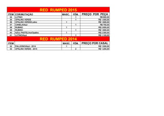 ITEM COR/MUTAÇÃO MASC. FÊM. PREÇO POR PEÇA
34 LUTINO 1 R$ 800,00
35 OPALINO VERDE 1 R$ 1.000,00
36 OPALINO VERDE/Lutino 1 R$ 1.800,00
37 CANELA/Azul 1 R$ 750,00
38 RUBINO 1 R$ 2.600,00
39 RUBINO 1 R$ 1.800,00
40 AZUL PASTEL/Ino/Opalino 1 R$ 2.300,00
41 LUTINO/Azul 1 R$ 1.100,00
ITEM MASC. FÊM. PREÇO POR CASAL
32 PALLIDINO/Azul - 2014 1 R$ 1.500,00
33 OPALINO VERDE - 2014 2 R$ 1.200,00
RED RUMPED 2015
RED RUMPED 2014
 