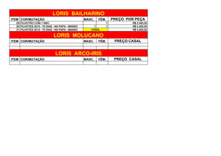 ITEM COR/MUTAÇÃO MASC. FÊM. PREÇO POR PEÇA
29 FILHOTÃO COM 1 ANO 1 R$ 2.400,00
30 FILHOTES 2015 - 70 DIAS - NA PAPA - MANSO 1 1 R$ 2.200,00
31 FILHOTES 2015 - 70 DIAS - NA PAPA - MANSO R$ 4.000,00
ITEM COR/MUTAÇÃO MASC. FÊM. PREÇO CASAL
ITEM COR/MUTAÇÃO MASC. FÊM. PREÇO CASAL
LORIS BAILHARINO
CASAL
LORIS MOLUCANO
LORIS ARCO-IRIS
 