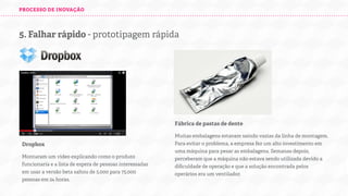 PROCESSO DE INOVAÇÃO

5. Falhar rápido - prototipagem rápida

Fábrica de pastas de dente
Dropbox
Montaram um vídeo explicando como o produto
funcionaria e a lista de espera de pessoas interessadas
em usar a versão beta saltou de 5.000 para 75.000
pessoas em 24 horas.

Muitas embalagens estavam saindo vazias da linha de montagem.
Para evitar o problema, a empresa fez um alto investimento em
uma máquina para pesar as embalagens. Semanas depois,
perceberam que a máquina não estava sendo utilizada devido a
diﬁculdade de operação e que a solução encontrada pelos
operários era um ventilador.

 