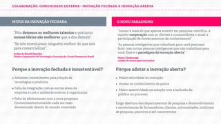 COLABORAÇÃO: COMUNIDADE EXTERNA - INOVAÇÃO FECHADA X INOVAÇÃO ABERTA

MITOS DA INOVAÇÃO FECHADA

O NOVO PARADIGMA

“Nós detemos os melhores talentos e portanto
nossas ideias são melhores que a dos demais”

“Inovar é mais do que apenas investir em pesquisa cientíﬁca...é
manter cooperação com os clientes e consumidores e atrair a
participação de fontes externas de conhecimento”

“Se nós inventamos ninguém melhor do que nós
para comercializar”.

“As pessoas inteligentes que trabalham para você precisam
falar com outras pessoas inteligentes que não trabalham para
você. Esse é o paradigma da inovação aberta”

Artigo do Ronald Dauscha
Diretor Corporativo de Tecnologia e Inovação do Grupo Siemens no Brasil

Henry Chesbrough
criador do termo open innovation

Porque a inovação fechada é insustentável?

Porque adotar a inovação aberta?

• Altíssimo investimento para criação de

•
•

Maior velocidade da inovação

•

Maior assertividade na solução com a inclusão do
público no processo

tecnologias e produtos

• Falta de integração com as outras áreas da

empresa e com o ambiente externo à organização

• Falta de alinhamento com a nova proposta:
Conhecimento/conteúdo cada vez mais
disseminado dentro do mundo conectado

Acesso ao conhecimento de ponta

Exige abertura dos departamentos de pesquisa e desenvolvimento
e envolvimento de fornecedores, clientes, universidades, institutos
de pesquisa, parceiros e até concorrentes

 