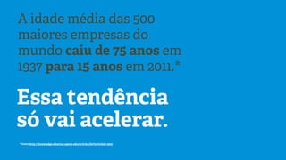 A idade média das 500
maiores empresas do
mundo caiu de 75 anos em
1937 para 15 anos em 2011.*

Essa tendência
só vai acelerar.
*Fonte: http://knowledge.wharton.upenn.edu/article.cfm?articleid=2523

 