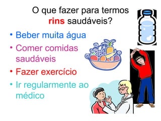 O que fazer para termos rins  saudáveis? Beber muita água Comer comidas saudáveis  Fazer exercício Ir regularmente ao médico 