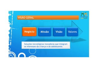 VISÃO GERAL




    Negócio          Missão         Visão           Valores



    Soluções tecnológicas inovadoras que integram
    os interesses da criança e do adolescente.
 