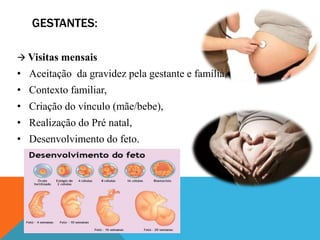 GESTANTES:
 Visitas mensais
• Aceitação da gravidez pela gestante e família,
• Contexto familiar,
• Criação do vínculo (mãe/bebe),
• Realização do Pré natal,
• Desenvolvimento do feto.
 