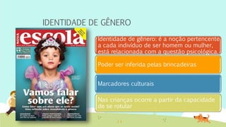 IDENTIDADE DE GÊNERO
Identidade de gênero: é a noção pertencente
a cada indivíduo de ser homem ou mulher,
está relacionada com a questão psicológica.
Poder ser inferida pelas brincadeiras
Marcadores culturais
Nas crianças ocorre a partir da capacidade
de se rotular
 
