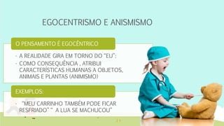 EGOCENTRISMO E ANISMISMO
• A REALIDADE GIRA EM TORNO DO “EU”:
• COMO CONSEQUÊNCIA , ATRIBUI
CARACTERÍSTICAS HUMANAS A OBJETOS,
ANIMAIS E PLANTAS (ANIMISMO)
O PENSAMENTO É EGOCÊNTRICO
• “MEU CARRINHO TAMBÉM PODE FICAR
RESFRIADO” “ A LUA SE MACHUCOU”
EXEMPLOS:
 