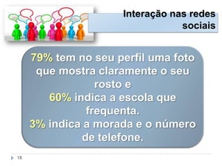 79% tem no seu perfil uma foto
que mostra claramente o seu
rosto e
60% indica a escola que
frequenta.
3% indica a morada e o número
de telefone.
Interação nas redes
sociais
18
 