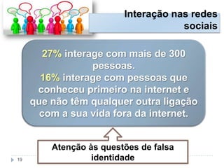 27% interage com mais de 300
pessoas.
16% interage com pessoas que
conheceu primeiro na internet e
que não têm qualquer outra ligação
com a sua vida fora da internet.
Atenção às questões de falsa
identidade
Interação nas redes
sociais
19
 