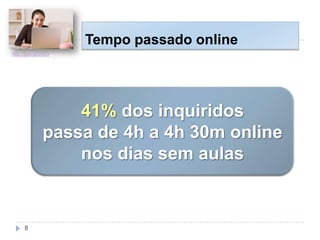 Tempo passado online
41% dos inquiridos
passa de 4h a 4h 30m online
nos dias sem aulas
http://goo.gl/2XjOl
8
 