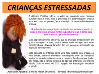 CRIANÇAS ESTRESSADAS
                 A clássica Paidéia, isto é, o valor de transmitir uma herança
                 cultural-social é boa, mas o processo de aprendizagem precisa
                 levar em conta as percepções e o estágio de desenvolvimento da
                 criança.

                  "A infância tem seu próprio modo de ver, pensar e sentir, e
                  nada é mais tolo do que tentar substituir o que é deles pelo
                                que é nosso.“ (Emile Rousseau).

                 Mais especificamente, observou que as crianças amadureciam em
                 quatro estágios, e que, assim como cada estágio tem suas
                 características, deveria também ter um conjunto apropriado de
                 objetivos educacionais.

                 Este conceito de infância como uma fase distinta que precede a
                 vida adulta, acha-se enredado, entrelaçado com os conceitos
                 modernos de educação universal e pequena família nuclear (mãe,
                 pai, filhos, não a família extensa de épocas anteriores do final do
                 século XVIII e início do XIX, apogeu da Revolução Industrial
                 original).

Autora da Apostila: Simone Helen Drumond - simone_drumond@hotmail.com
 