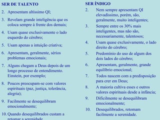 SER ÍNDIGO Nem sempre apresentam QI elevadíssimo, porém, são, geralmente, muito inteligentes; Sempre entre os 30% mais inteligentes, mas não são, necessariamente, talentosos; Usam quase exclusivamente, o lado direito do cérebro; Predomínio do uso de algum dos dois lados do cérebro; Apresentam, geralmente, grande equilíbrio emocional; Todos nascem com a predisposição para crer em Deus; A maioria cultiva esses e outros valores espirituais desde a infância; Dificilmente se desequilibram emocionalmente; Desequilibrados, retomam facilmente a serenidade. SER DE TALENTO Apresentam altíssimo QI; Revelam grande inteligência que os coloca sempre à frente dos demais; Usam quase exclusivamente o lado esquerdo do cérebro; Usam apenas a intuição criativa; Apresentam, geralmente, sérios problemas emocionais; Alguns chegam a Deus depois de um longo processo de entendimento. Einstein, por exemplo; Poucos preocupam-se com valores espirituais (paz, justiça, tolerância, alegria); Facilmente se desequilibram emocionalmente; Quando desequilibrados custam a retomar a serenidade. 