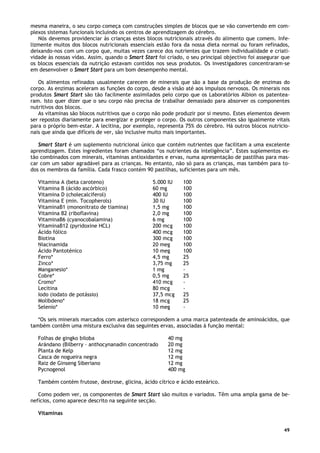49
mesma maneira, o seu corpo começa com construções simples de blocos que se vão convertendo em com-
plexos sistemas funcionais incluindo os centros de aprendizagem do cérebro.
Nós devemos providenciar às crianças estes blocos nutricionais através do alimento que comem. Infe-
lizmente muitos dos blocos nutricionais essenciais estão fora da nossa dieta normal ou foram refinados,
deixando-nos com um corpo que, muitas vezes carece dos nutrientes que trazem individualidade e criati-
vidade às nossas vidas. Assim, quando o Smart Start foi criado, o seu principal objectivo foi assegurar que
os blocos essenciais da nutrição estavam contidos nos seus produtos. Os investigadores concentraram-se
em desenvolver o Smart Start para um bom desempenho mental.
Os alimentos refinados usualmente carecem de minerais que são a base da produção de enzimas do
corpo. As enzimas aceleram as funções do corpo, desde a visão até aos impulsos nervosos. Os minerais nos
produtos Smart Start são tão facilmente assimilados pelo corpo que os Laboratórios Albion os patentea-
ram. Isto quer dizer que o seu corpo não precisa de trabalhar demasiado para absorver os componentes
nutritivos dos blocos.
As vitaminas são blocos nutritivos que o corpo não pode produzir por si mesmo. Estes elementos devem
ser repostos diariamente para energizar e proteger o corpo. Os outros componentes são igualmente vitais
para o próprio bem-estar. A lecitina, por exemplo, representa 75% do cérebro. Há outros blocos nutricio-
nais que ainda que difíceis de ver, são inclusive muito mais importantes.
Smart Start é um suplemento nutricional único que contém nutrientes que facilitam a uma excelente
aprendizagem. Estes ingredientes foram chamados “os nutrientes da inteligência”. Estes suplementos es-
tão combinados com minerais, vitaminas antioxidantes e ervas, numa apresentação de pastilhas para mas-
car com um sabor agradável para as crianças. No entanto, não só para as crianças, mas também para to-
dos os membros da família. Cada frasco contém 90 pastilhas, suficientes para um mês.
Vitamina A (beta caroteno) 5.000 IU 100
Vitamina B (ácido ascórbico) 60 mg 100
Vitamina D (cholecalciferol) 400 IU 100
Vitamina E (min. Tocopherols) 30 IU 100
VitaminaB1 (mononitrato de tiamina) 1,5 mg 100
Vitamina B2 (riboflavina) 2,0 mg 100
VitaminaB6 (cyanocobalamina) 6 mg 100
VitaminaB12 (pyridoxine HCL) 200 mcg 100
Ácido fólico 400 mcg 100
Biotina 300 mcg 100
Niacinamida 20 meg 100
Ácido Pantoténico 10 meg 100
Ferro* 4,5 mg 25
Zinco* 3,75 mg 25
Manganesio* 1 mg -
Cobre* 0,5 mg 25
Cromo* 410 mcg -
Lecitina 80 mcg -
Iodo (iodato de potássio) 37,5 mcg 25
Molibdeno* 18 mcg 25
Selenio* 10 meg -
*Os seis minerais marcados com asterisco correspondem a uma marca patenteada de aminoácidos, que
também contêm uma mistura exclusiva das seguintes ervas, associadas à função mental:
Folhas de gingko biloba 40 mg
Arándano (Bilberry – anthocynanadin concentrado 20 mg
Planta de Kelp 12 mg
Casca de nogueira negra 12 mg
Raiz de Ginseng Siberiano 12 mg
Pycnogenol 400 mg
Também contém frutose, dextrose, glicina, ácido cítrico e ácido esteárico.
Como podem ver, os componentes de Smart Start são muitos e variados. Têm uma ampla gama de be-
nefícios, como aparece descrito na seguinte secção.
Vitaminas
 