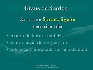 Graus de Surdez
As cr. com Surdez ligeira
necessitam de:
• ensino da leitura da fala
• estimulação da linguagem
• colocação adequada na sala de aula
UAEAS de Santarém - Dez.2006
Professora de E.E.: Teresa Guardão
 