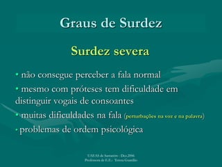 Graus de Surdez
Surdez severa
• não consegue perceber a fala normal
• mesmo com próteses tem dificuldade em
distinguir vogais de consoantes
• muitas dificuldades na fala (perturbações na voz e na palavra)
• problemas de ordem psicológica
UAEAS de Santarém - Dez.2006
Professora de E.E.: Teresa Guardão
 