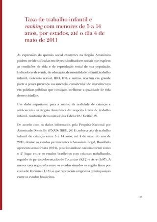 113
Taxa de trabalho infantil e
ranking com menores de 5 a 14
anos, por estados, até o dia 4 de
maio de 2011
As expressões da questão social existentes na Região Amazônica
podem ser identificadas em diversos indicadores sociais que expõem
as condições de vida e de reprodução social de sua população.
Indicadores de renda, de educação, de mortalidade infantil, trabalho
infantil, violência sexual, IDH, IDI, e outros, revelam em grande
parte a pouca presença, ou ausência, considerável de investimentos
em políticas públicas que consigam melhorar a qualidade de vida
desses cidadãos.
Um dado importante para a análise da realidade de crianças e
adolescentes na Região Amazônica diz respeito à taxa de trabalho
infantil, conforme demonstrado na Tabela 22 e Gráfico 24.
De acordo com os dados informados pela Pesquisa Nacional por
Amostra de Domicílio (PNAD/IBGE, 2011), sobre a taxa de trabalho
infantil de crianças entre 5 e 14 anos, até 4 de maio do ano de
2011, dentre os estados pertencentes à Amazônia Legal, Rondônia
apresenta a maior taxa (8,94), posicionando-se nacionalmente como
o 2º lugar entre os estados brasileiros com crianças trabalhando,
seguido de perto pelos estados de Tocantins (8,12) e Acre (6,87). A
menor taxa registrada entre os estados situados na região ficou por
conta de Roraima (1,18), o que representa a vigésima quinta posição
entre os estados brasileiros.
 