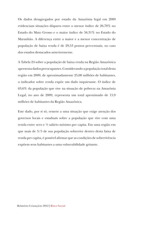 Relatório Criançário 2012 | Risco Social
Os dados desagregados por estado da Amazônia legal em 2009
evidenciam situações díspares entre o menor índice de 26,78% no
Estado do Mato Grosso e o maior índice de 56,31% no Estado do
Maranhão. A diferença entre a maior e a menor concentração de
população de baixa renda é de 29,53 pontos percentuais, no caso
dos estados destacados anteriormente.
A Tabela 24 sobre a população de baixa renda na Região Amazônica
apresenta dados preocupantes. Considerando a população total desta
região em 2009, de aproximadamente 25,08 milhões de habitantes,
o indicador sobre renda expõe um dado inquietante. O índice de
63,6% da população que vive na situação de pobreza na Amazônia
Legal, no ano de 2009, representa um total aproximado de 15,9
milhões de habitantes da Região Amazônica.
Este dado, por si só, remete a uma situação que exige atenção dos
governos locais e estaduais sobre a população que vive com uma
renda entre zero e ½ salário mínimo per capita. Em uma região em
que mais de 3/5 de sua população sobrevive dentro desta faixa de
renda per capita, é possível afirmar que as condições de sobrevivência
expõem seus habitantes a uma vulnerabilidade gritante.
 