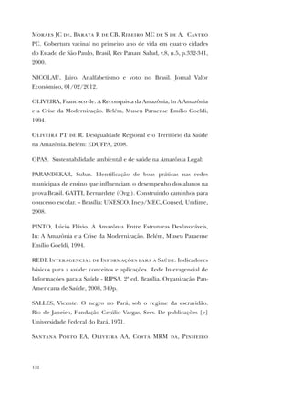 152
Moraes JC de, Barata R de CB, Ribeiro MC de S de A, Castro
PC. Cobertura vacinal no primeiro ano de vida em quatro cidades
do Estado de São Paulo, Brasil, Rev Panam Salud, v.8, n.5, p.332-341,
2000.
NICOLAU, Jairo. Analfabetismo e voto no Brasil. Jornal Valor
Econômico, 01/02/2012.
OLIVEIRA, Francisco de. A Reconquista da Amazônia, In A Amazônia
e a Crise da Modernização. Belém, Museu Paraense Emílio Goeldi,
1994.
Oliveira PT de R. Desigualdade Regional e o Território da Saúde
na Amazônia. Belém: EDUFPA, 2008.
OPAS. Sustentabilidade ambiental e de saúde na Amazônia Legal:
PARANDEKAR, Subas. Identificação de boas práticas nas redes
municipais de ensino que influenciam o desempenho dos alunos na
prova Brasil. GATTI, Bernardete (Org.). Construindo caminhos para
o sucesso escolar. – Brasília: UNESCO, Inep/MEC, Consed, Undime,
2008.
PINTO, Lúcio Flávio. A Amazônia Entre Estruturas Desfavoráveis,
In: A Amazônia e a Crise da Modernização. Belém, Museu Paraense
Emílio Goeldi, 1994.
REDE Interagencial de Informações para a Saúde. Indicadores
básicos para a saúde: conceitos e aplicações. Rede Interagencial de
Informações para a Saúde - RIPSA. 2ª ed. Brasília. Organização Pan-
Americana de Saúde, 2008, 349p.
SALLES, Vicente. O negro no Pará, sob o regime da escravidão.
Rio de Janeiro, Fundação Getúlio Vargas, Serv. De publicações [e]
Universidade Federal do Pará, 1971.
Santana Porto EA, Oliveira AA, Costa MRM da, Pinheiro
 