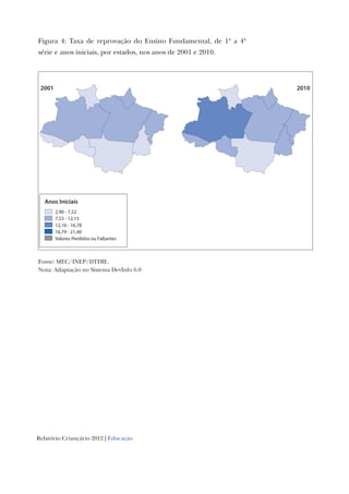 Relatório Criançário 2012 | Educação
Figura 4: Taxa de reprovação do Ensino Fundamental, de 1ª a 4ª
série e anos iniciais, por estados, nos anos de 2001 e 2010.
Fonte: MEC/INEP/DTDIE.
Nota: Adaptação no Sistema DevInfo 6.0
Anos Iniciais
2,90 - 7,52
7,53 - 12,15
12,16 - 16,78
16,79 - 21,40
Valores Perdidos ou Faltantes
20102001
 